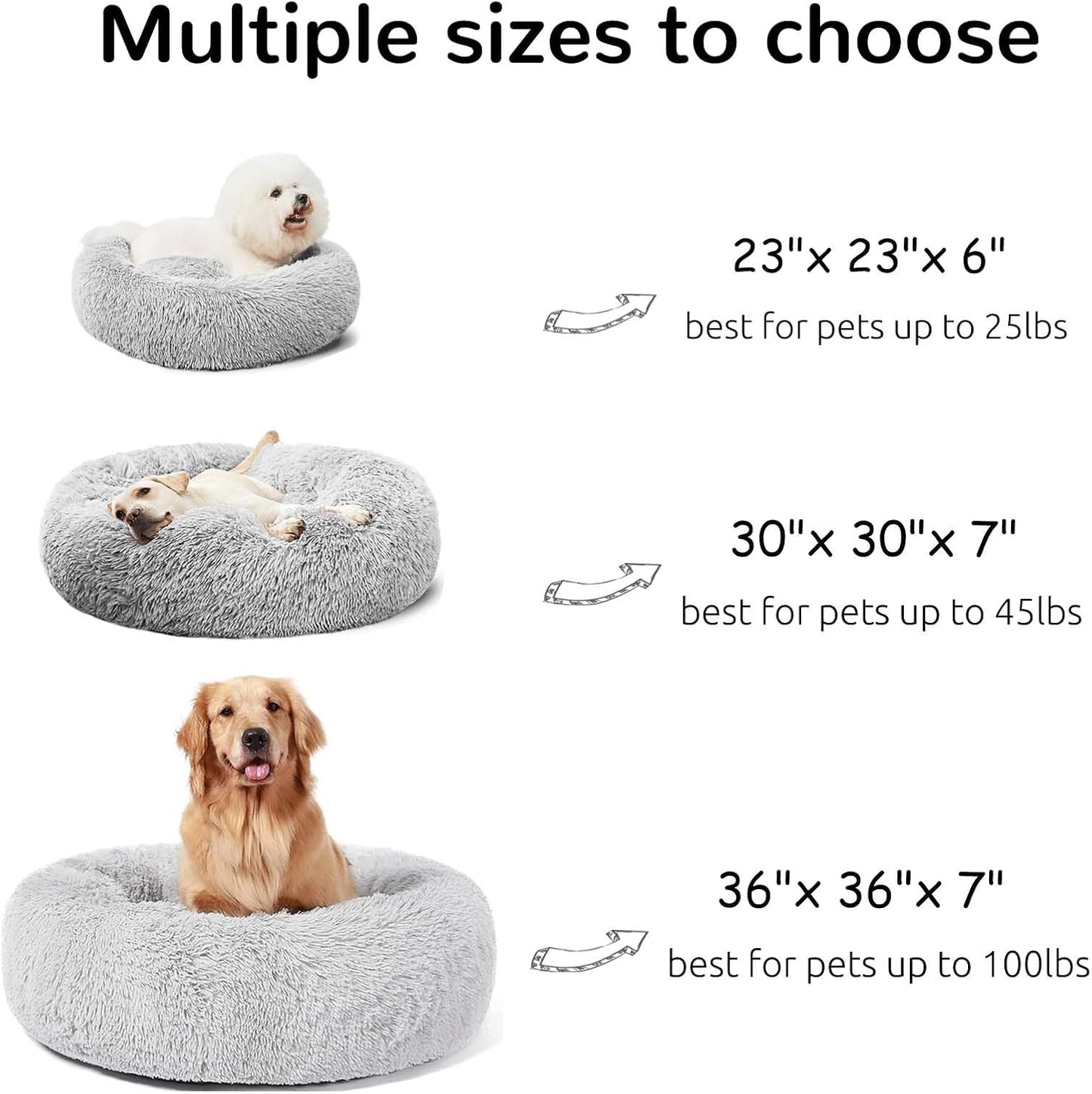 Calming Donut Cuddler Dog Bed, round Fluffy Pet Bed for Large Dogs,Washable, Large, Gray, 30''
